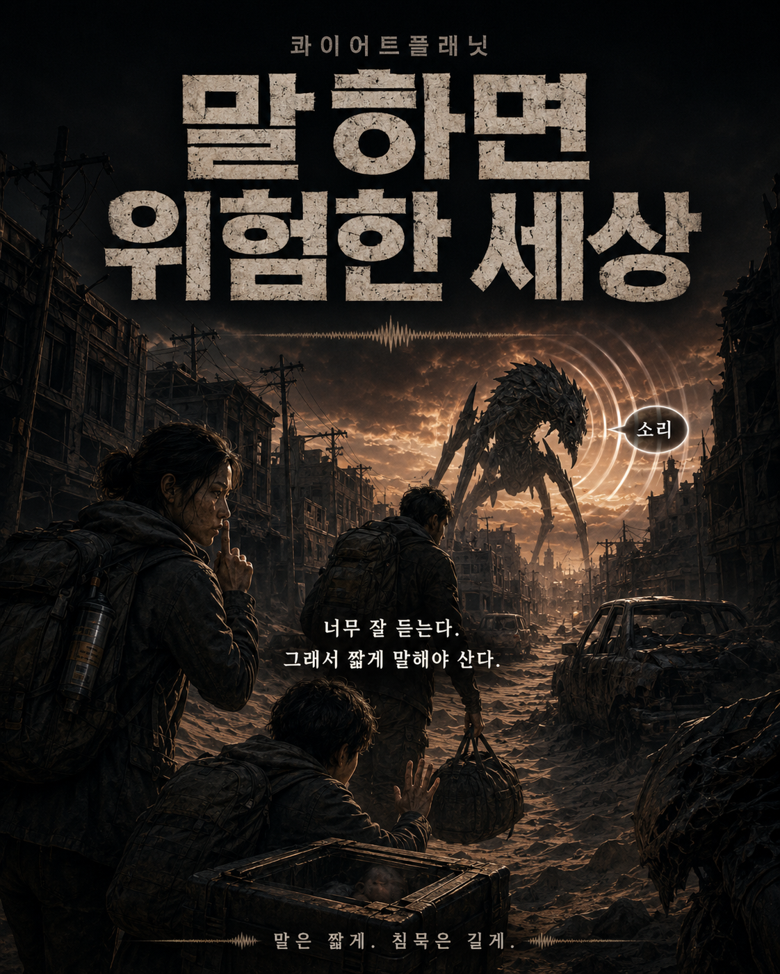 소리에 민감한 추적자가 있는 폐허의 콰이어트 플래닛 세계관 이미지